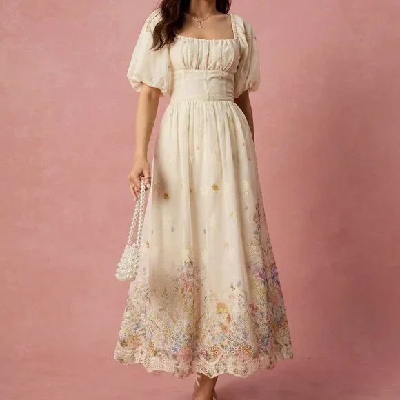 Multicolor Apricot Elegant Romantic Floral Women's Maxi Dress - Picture 7 of 8